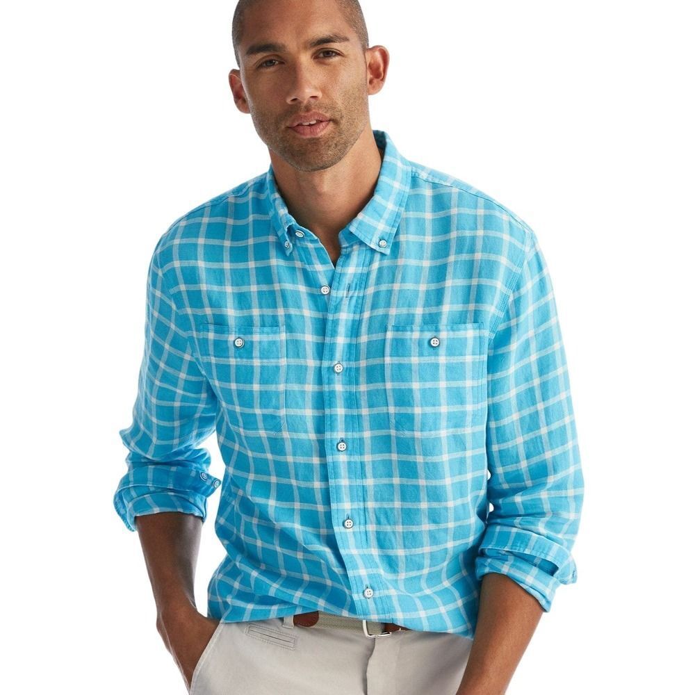 JOHNNIE-O Men's Hangin' Out Window Pane Plaid Button Down Shirt Blue Size Large